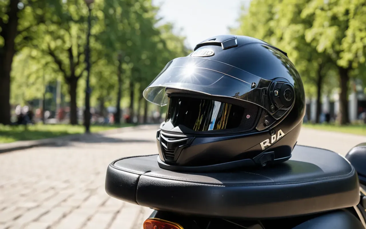 Close up of a black helmet and protective gear resting on the seat of an electric scooter in a sunny urban park setting. The focus is sharp with natural lighting.