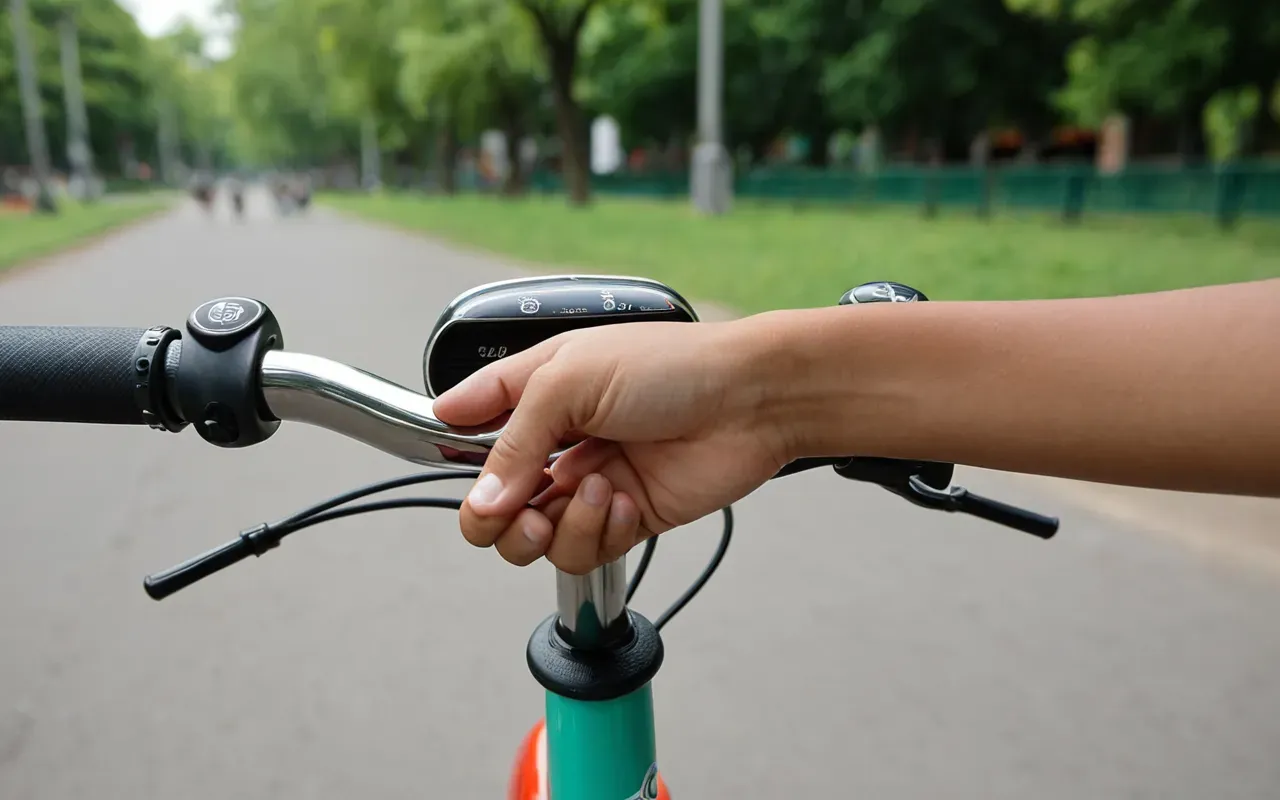 Close-up of a child's hand gripping the handlebar of a colorful scooter in an outdoor park setting with soft natural daylight and blurred green background.