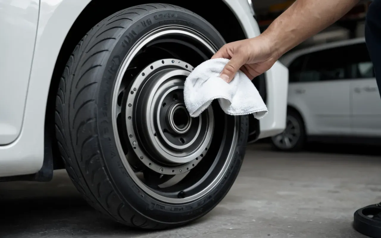 Close-up of a hand cleaning the wheel hub and brake disc of a scooter with a microfiber cloth in a bright well-lit garage workspace.