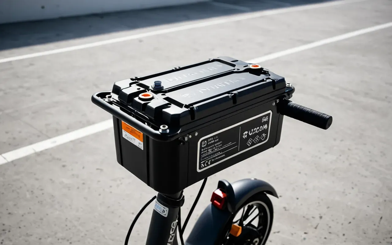Close-up of a modern electric scooter battery pack with visible terminals and connectors on a clean concrete surface, bright studio lighting highlighting the metal details