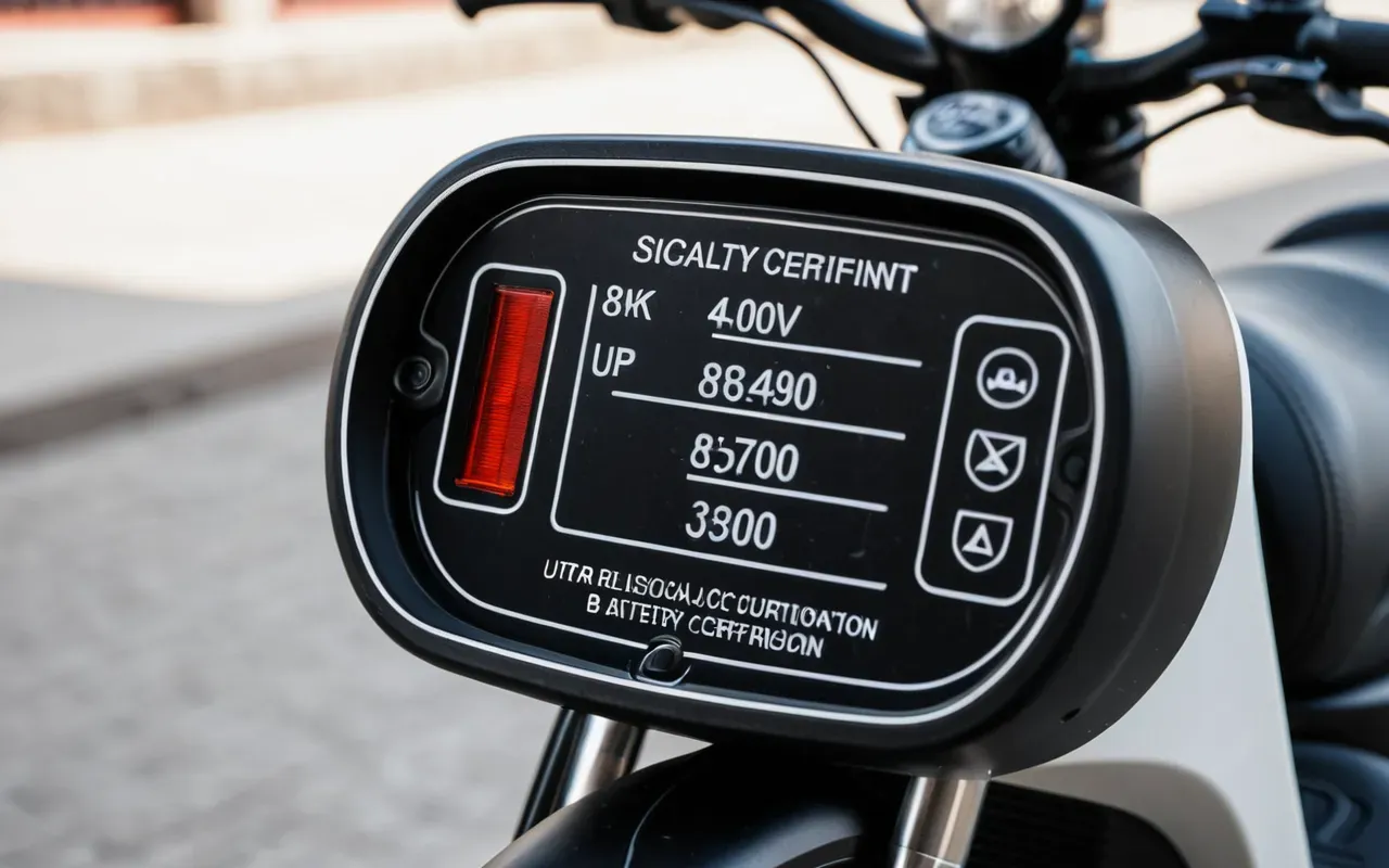 Close-up of a modern electric scooter battery compartment with visible safety certifications and clean metallic components under bright studio lighting