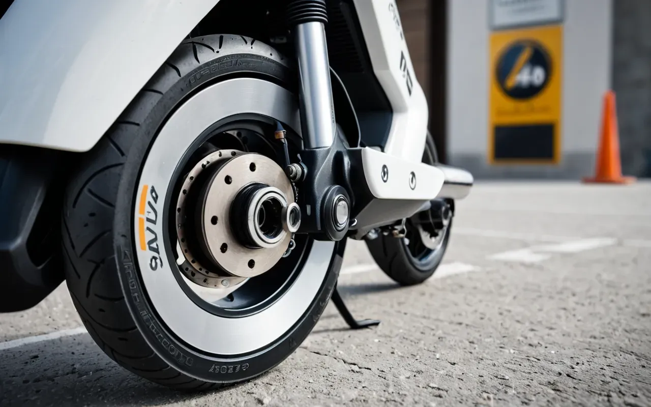 scooter fren sistemi Close-up of a modern electric scooter brake caliper and disc on a clean concrete surface, shallow depth of field, soft natural daylight, neutral tones, editorial photography style without any text or logos