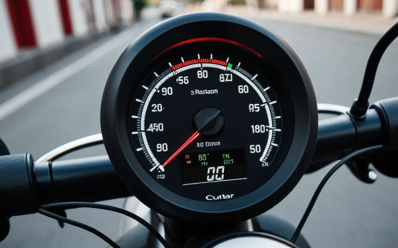 Close-up of a modern electric scooter dashboard showing speedometer and battery indicator. Clean design, soft ambient lighting, shallow depth of field.