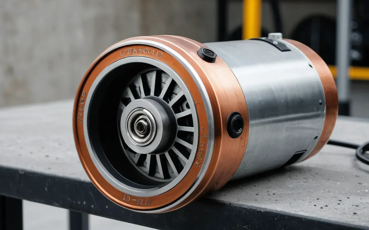 Close-up of a modern electric scooter motor assembly on a clean concrete workbench with soft diffused studio lighting, showing copper windings and brushed aluminum casing in high detail