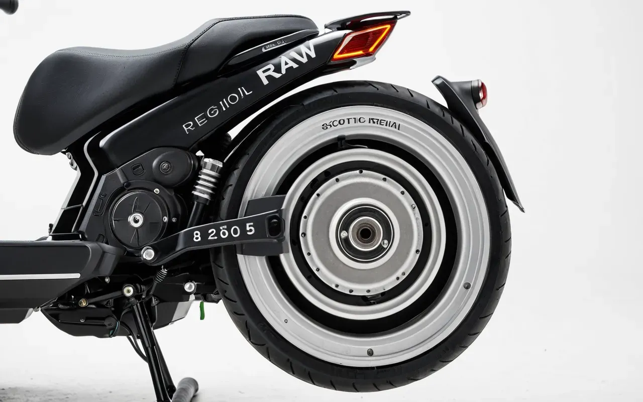 Close-up photograph of a modern electric scooter motor assembly with brushed metal components and clean wiring, studio lighting on white background without any text or labels visible