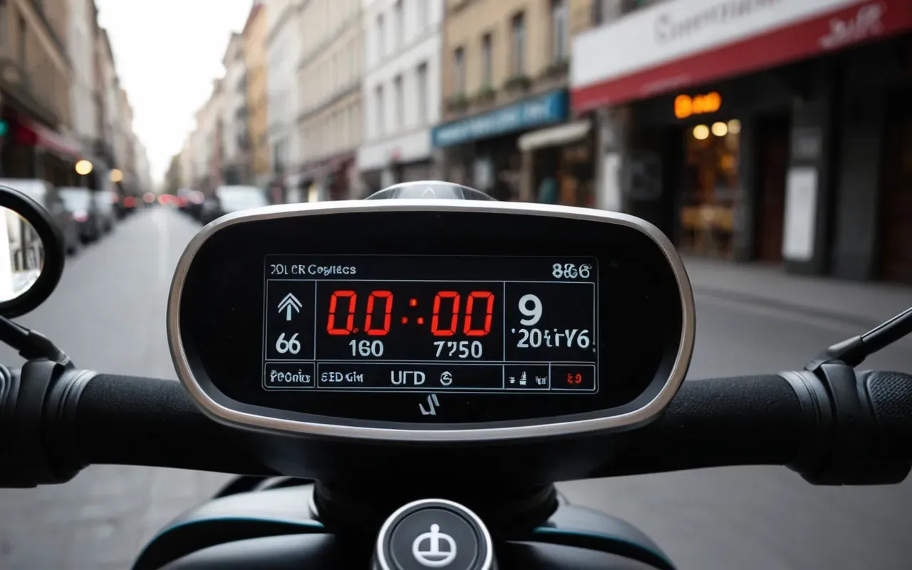 Close-up view of an electric scooter's control panel and display screen showing speed and battery level indicators in a dimly lit urban environment with street lights.