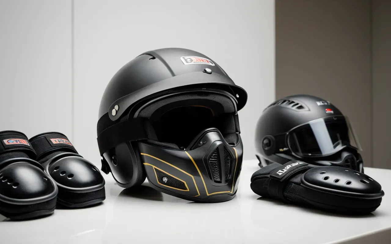 Editorial still life of a set of protective gear including helmet, knee pads and elbow guards arranged neatly on a clean white surface with soft diffused lighting.