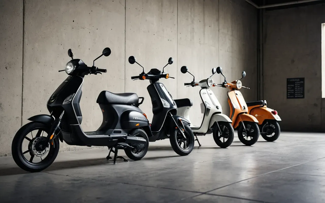 Modern editorial still life of three different electric scooters arranged in a diagonal composition on polished concrete floor with soft diffused studio lighting and neutral color palette without any text or branding visible