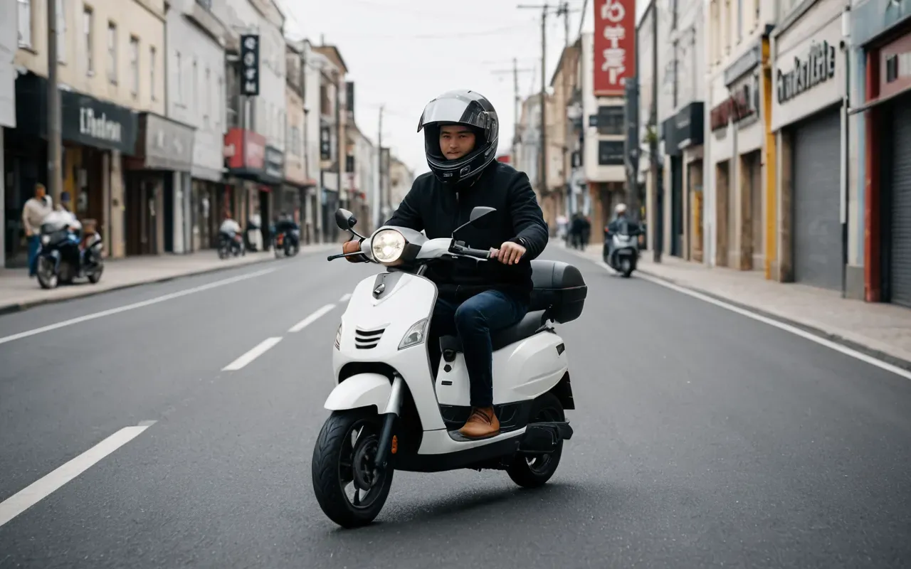 Modern urban street scene with an electric scooter rider wearing a full-face helmet. Bright daylight, clean asphalt road, minimal background elements.