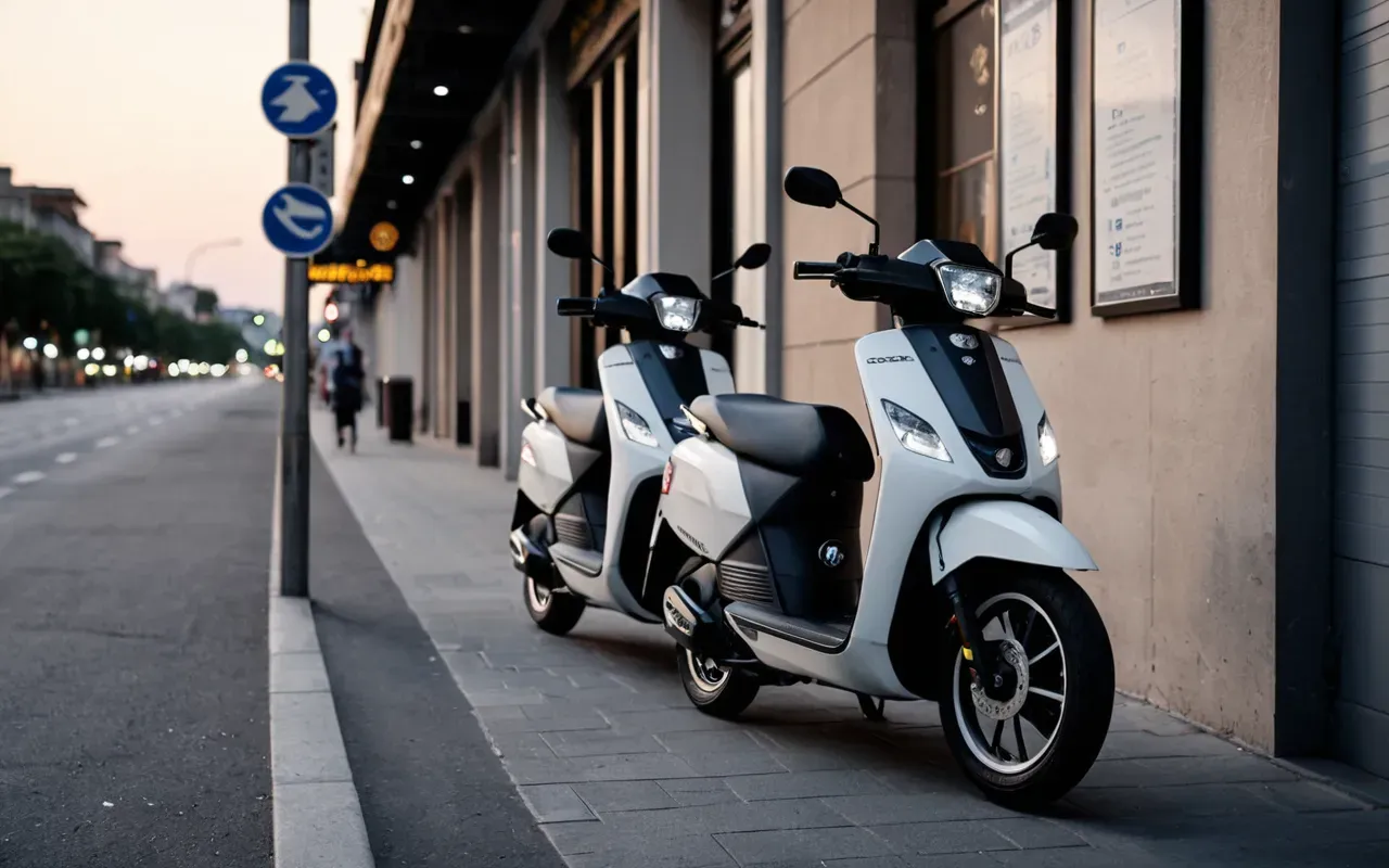 elektrikli scooter karşılaştırma Side view of three modern electric scooters parked in a row on a clean urban sidewalk at dusk, soft street lighting, neutral color palette, editorial photography style without any text or logos