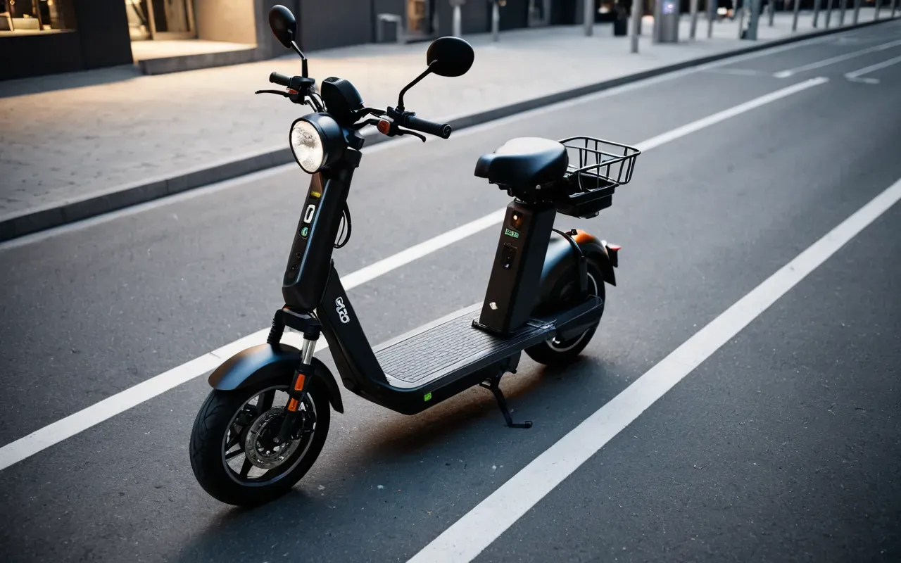 scooter şarj güvenliği Top-down view of a modern electric scooter charging station in a clean urban setting with soft ambient lighting, neutral tones, editorial photography style without any text or logos