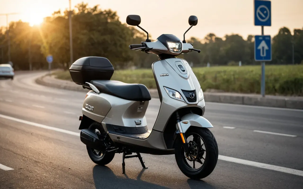 scooter sürüş güvenliği Wide shot of a modern electric scooter in motion on a clean urban road at golden hour with soft natural lighting, neutral color palette, editorial photography style without any text or logos