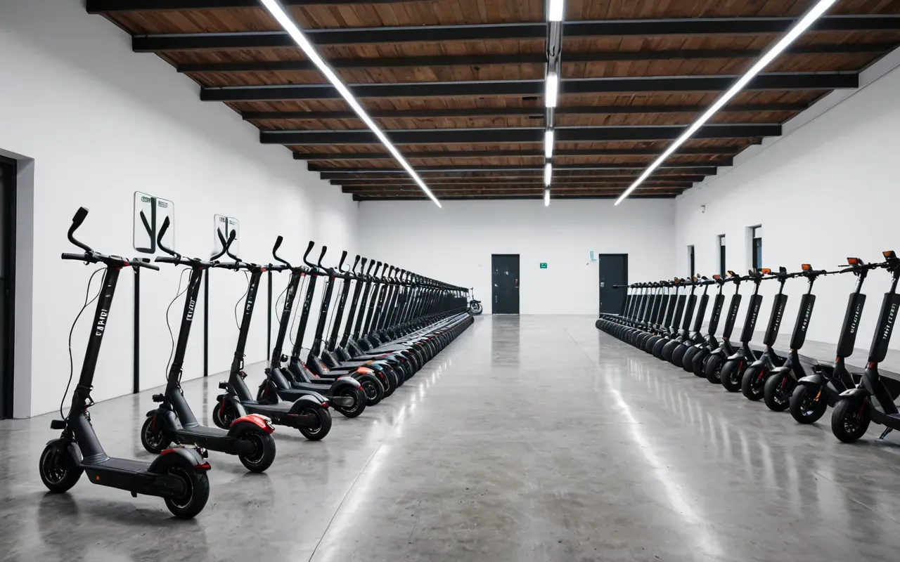 Wide shot of a modern indoor testing facility with electric scooters arranged in rows and bright overhead lighting reflecting on the polished concrete floor