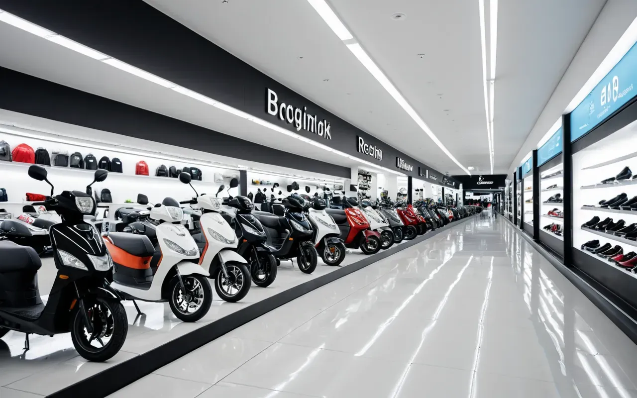Wide shot of a modern minimalist retail store aisle with various scooter models lined up on display stands under bright fluorescent lighting, clean white floor tiles and neutral wall colors.