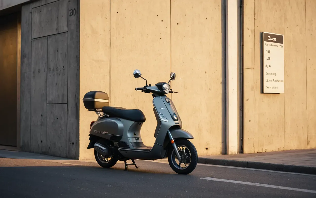 Wide shot of a modern urban street corner with an electric scooter parked next to a concrete wall, soft golden hour lighting and clean minimalist composition without any visible text or signage