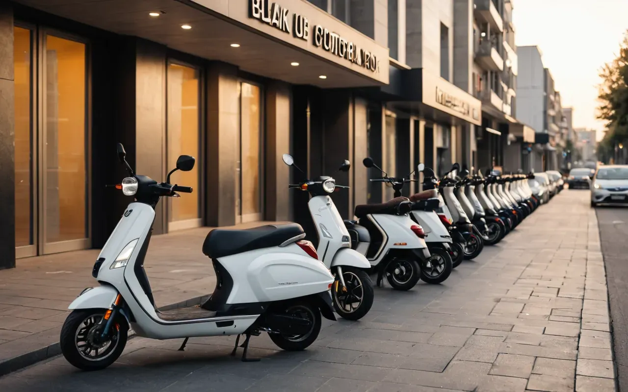 Wide shot of a modern urban street with electric scooters parked on the sidewalk during golden hour, showing clean minimal architecture and soft warm lighting in the background