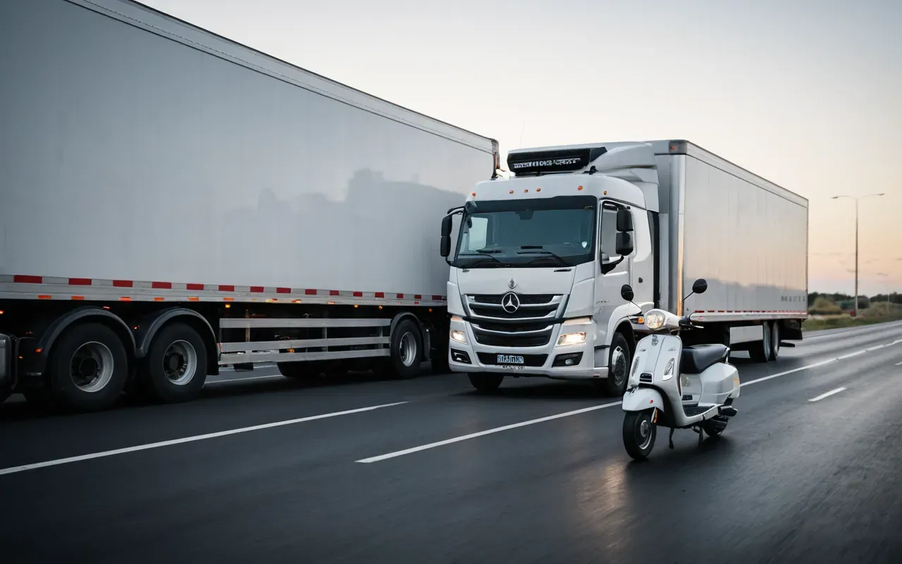 skuter tır çarpışması A blurred motion shot of a large semi-truck and a small electric scooter on an asphalt road, capturing the stark size difference between heavy commercial vehicles and personal micro-mobility options in a chaotic urban traffic scenario.
