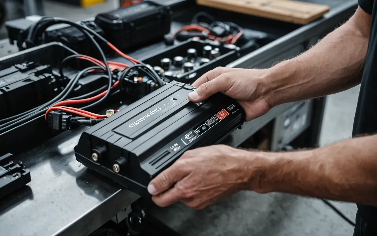 A close-up shot of a mechanic's hands holding an open electric scooter battery pack with visible circuitry and wires on a clean workbench.