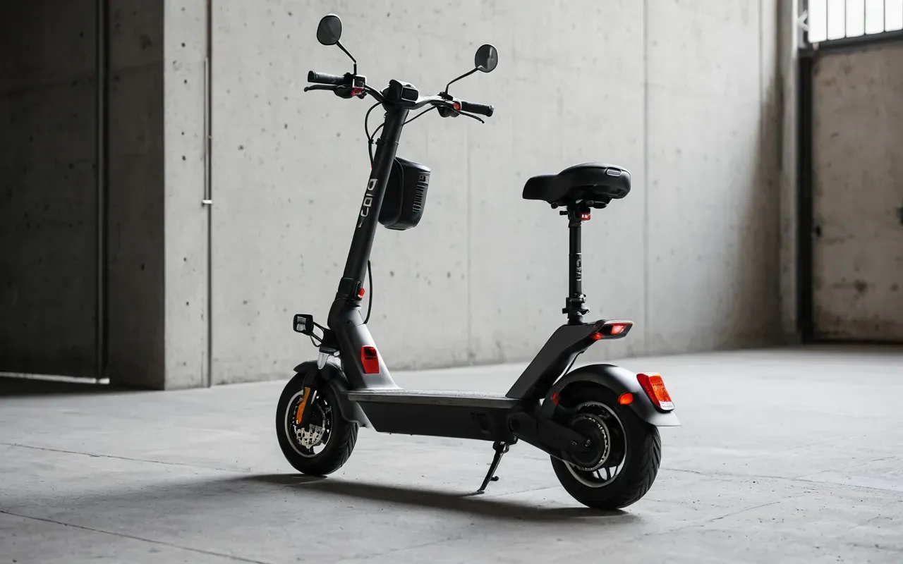 modern scooter design A close-up view of a modern electric scooter standing on a clean concrete surface in a minimalist indoor setting with soft diffused lighting and no background objects