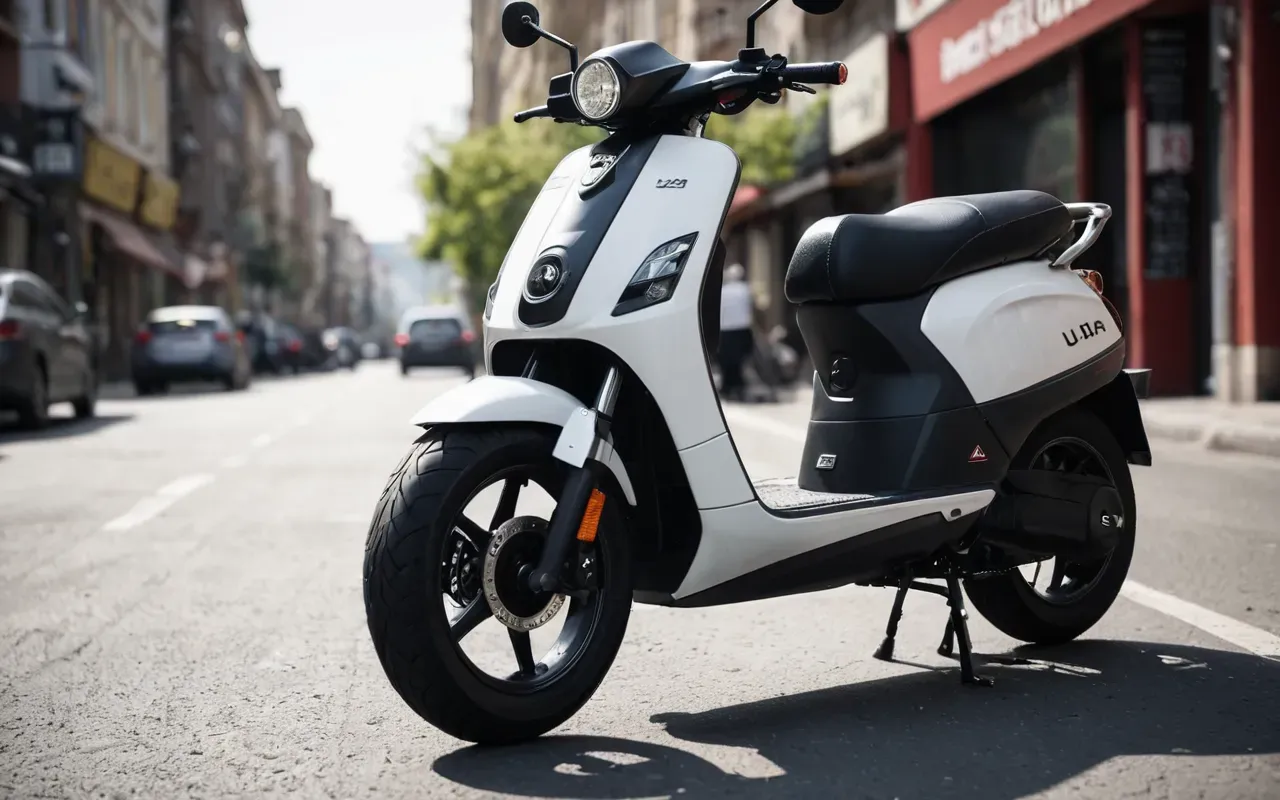 scooter güvenliği A close-up view of a modern electric scooter parked on the side of a busy city street, with heavy duty tires and visible suspension systems emphasizing safety features against potential impacts from larger vehicles in an urban environment.