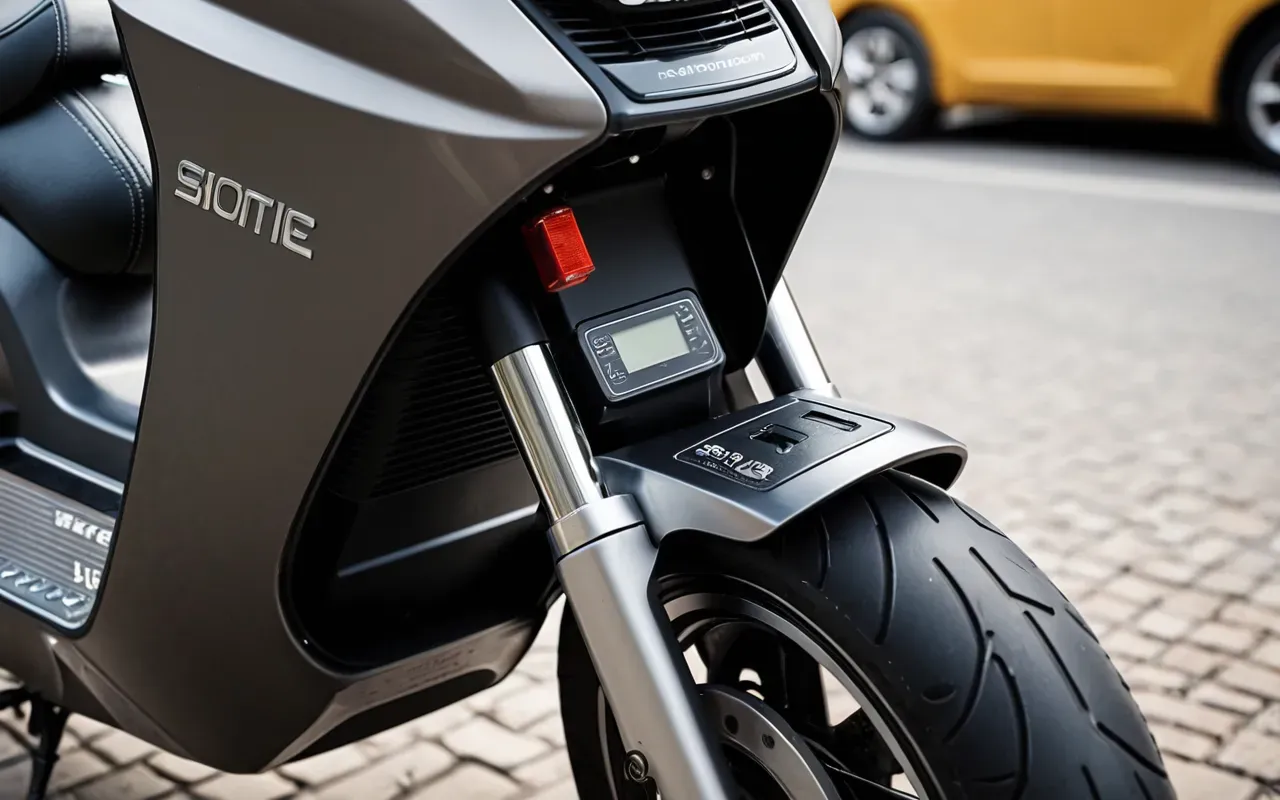 skuter batarya teknolojisi A close up view of the battery compartment and charging port of a high performance electric scooter.