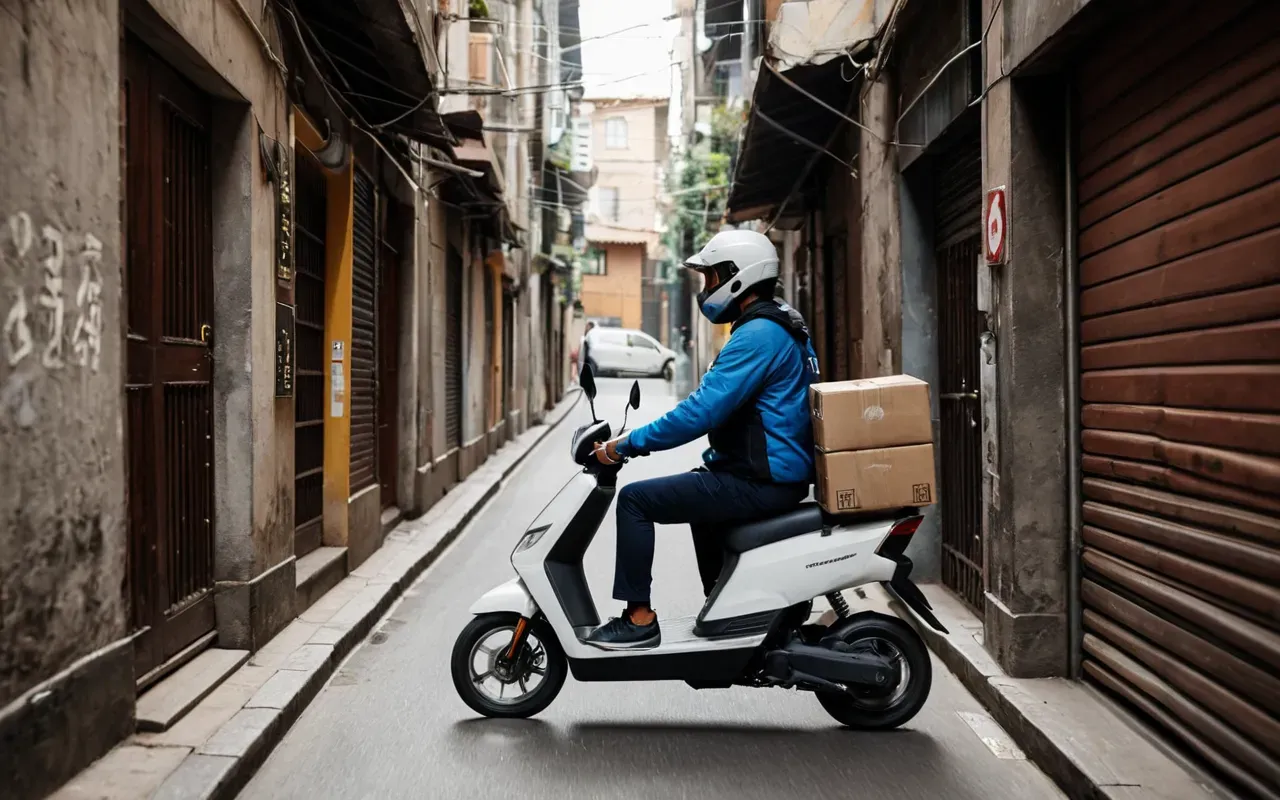 skuterle kargo teslimatı A delivery worker riding an electric scooter through a narrow urban alleyway carrying small packages in a sleek box.