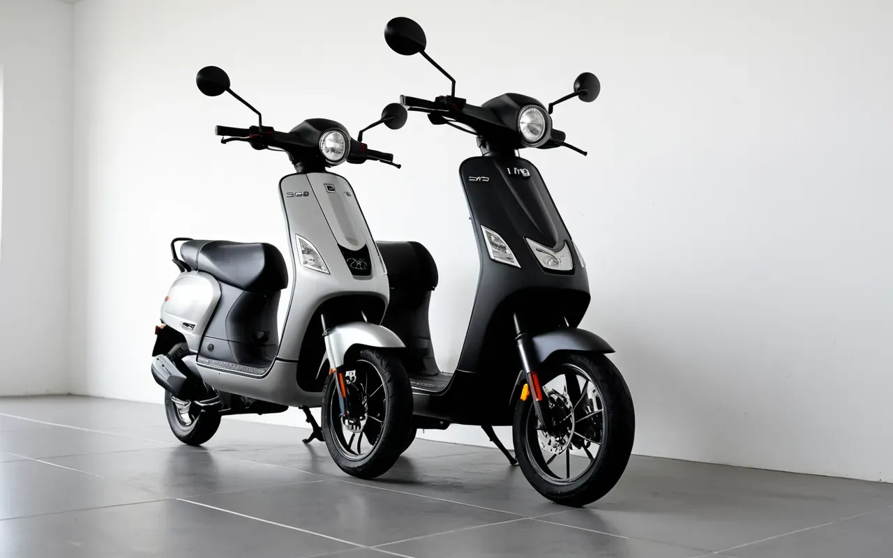 scooter comparison setup A minimalist display of two electric scooters side by side on a smooth gray floor with clean white walls and soft shadow casting to highlight product differences