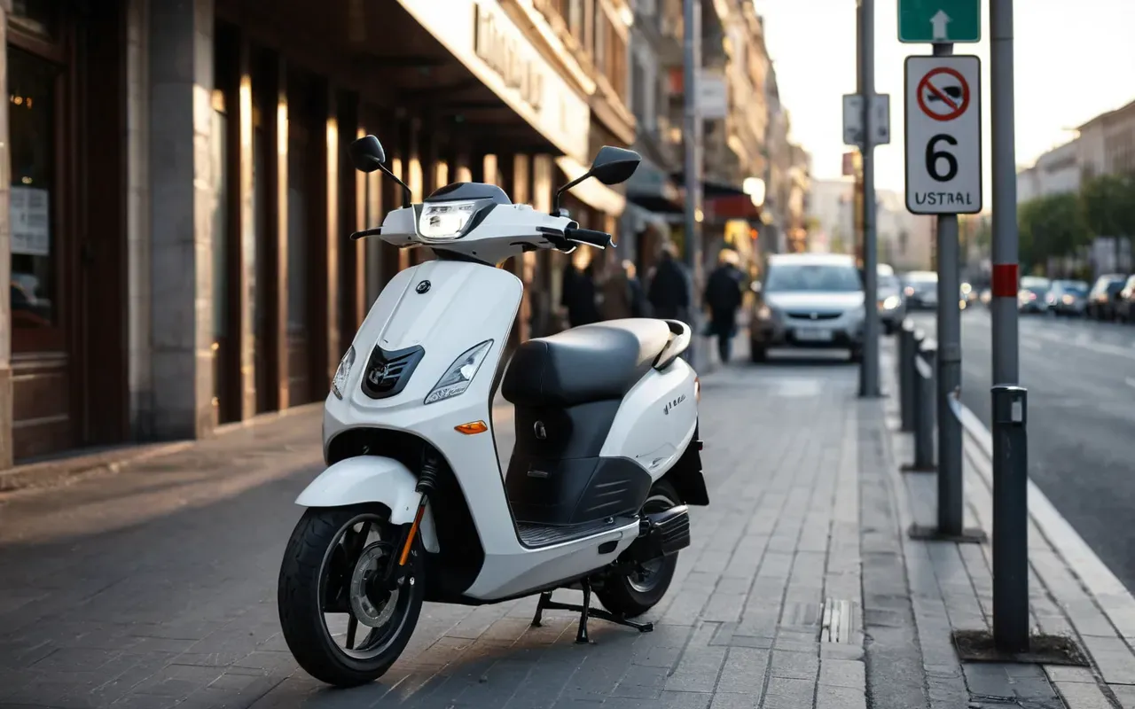 A modern electric scooter parked on a city sidewalk next to a busy street with blurred cars in the background. The scene is lit by soft morning light and shows urban architecture without specific signage.