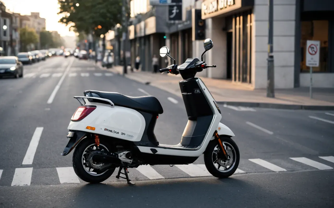 şehir içi elektrikli skuter A modern electric scooter parked on a clean city sidewalk near a busy intersection in the early morning light.