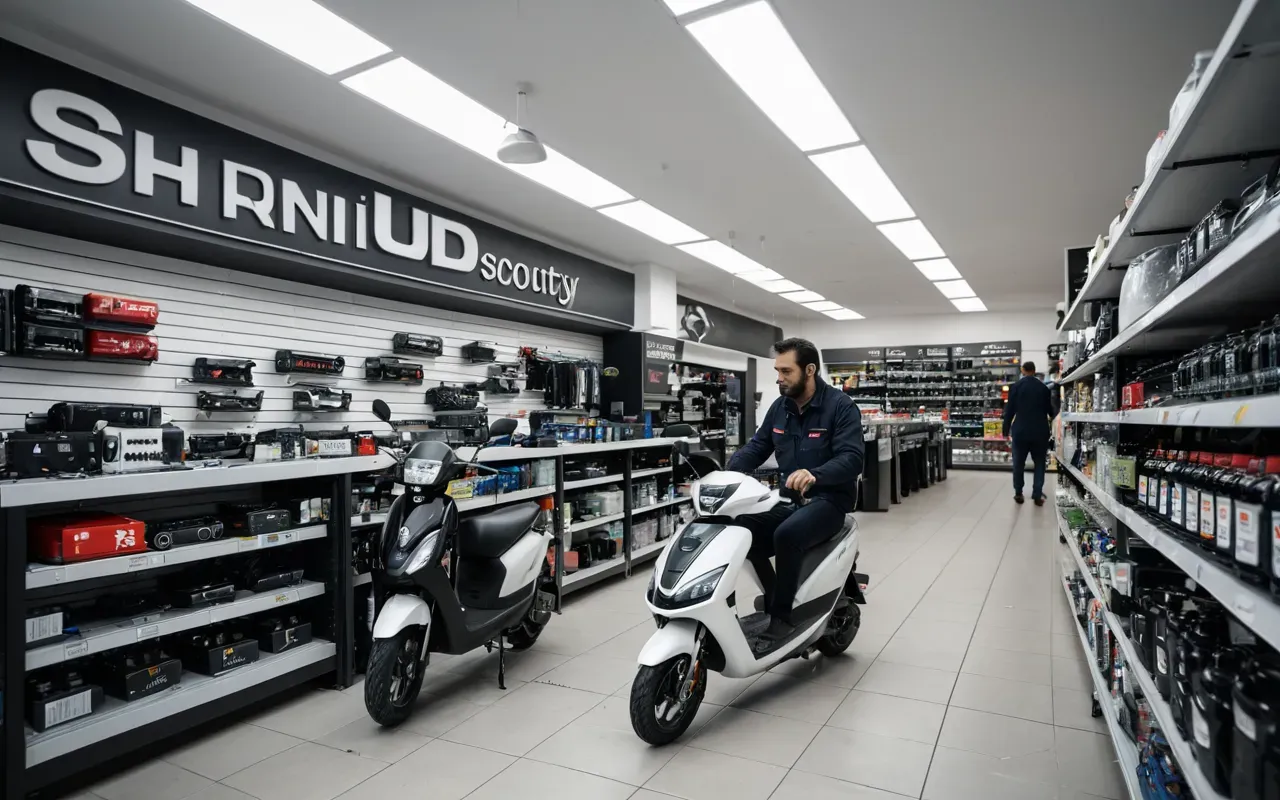 scooter teknik bakım A modern electronics store service center with a clean, well-lit workspace where technicians are inspecting an electric scooter's battery and mechanical components on a workbench.