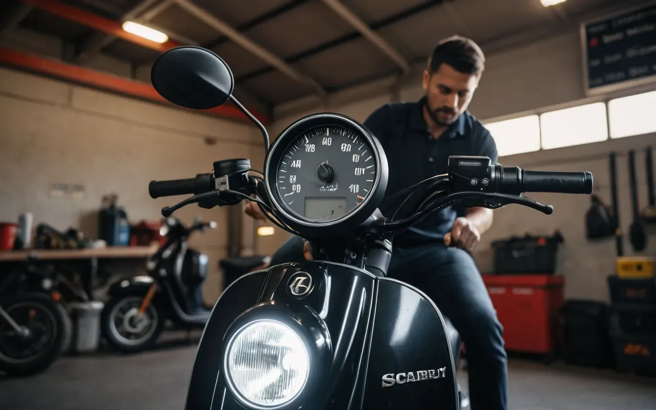 A person installing a small auxiliary light on the handlebar of an electric scooter in a well-lit garage setting.