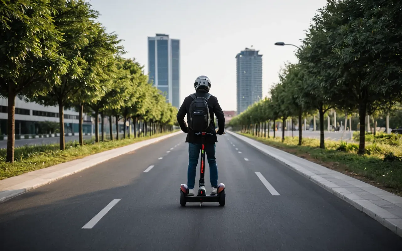 A person wearing a safety helmet riding an electric scooter on a smooth paved path. The background features modern buildings and trees with natural daylight illumination.