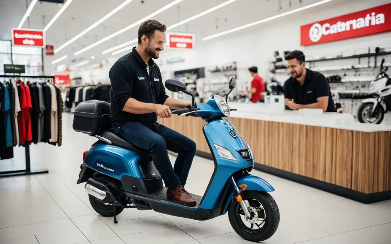 scooter müşteri memnuniyeti A satisfied customer handing over a well-maintained electric scooter to a service technician in a bright and modern retail store setting.
