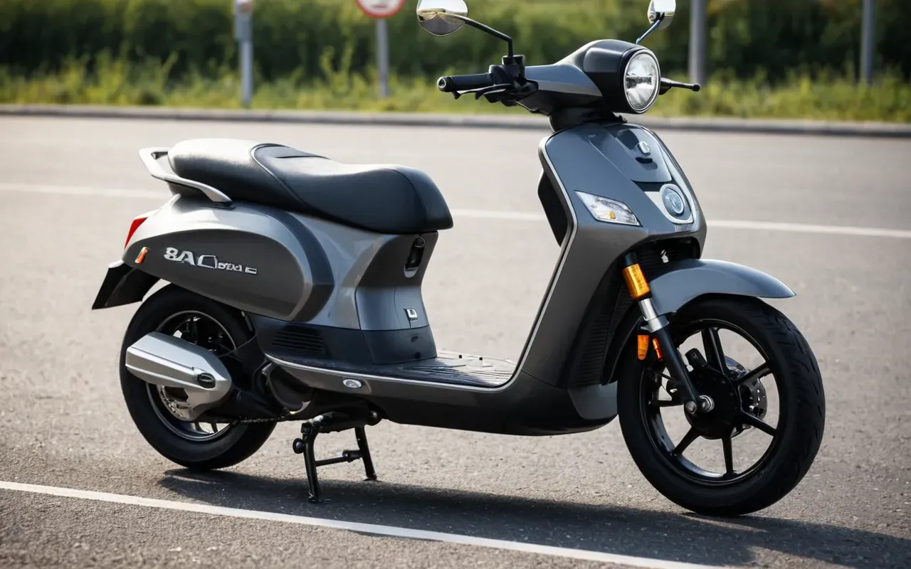 A side view of a modern electric scooter parked on an asphalt road, showing solid foam tires and the brake disc mechanism in detail under bright daylight.