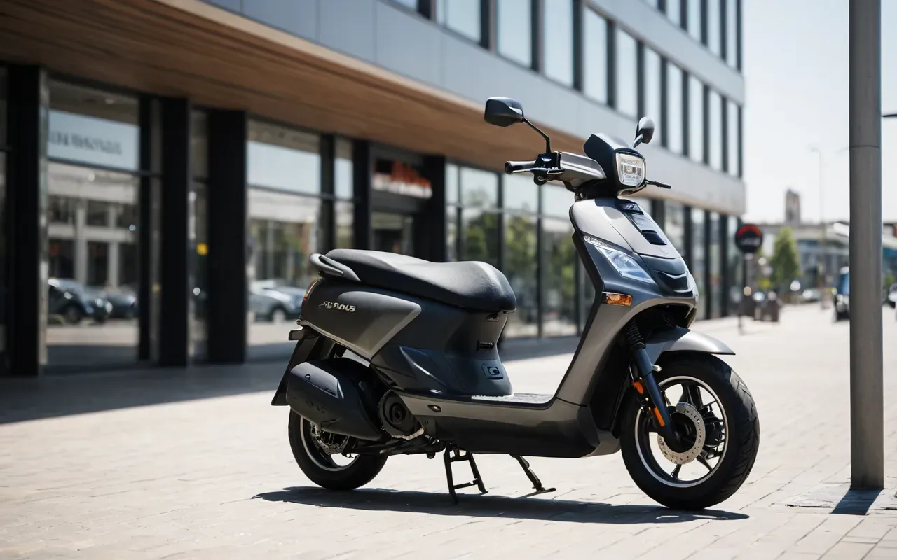scooter şehir içi ulaşım A well-maintained electric scooter parked in a sunny urban plaza with clean streets and modern architecture in the background.