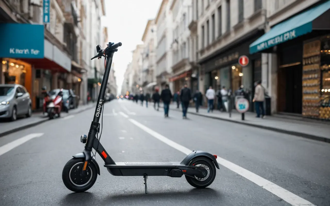 urban mobility scene A wide angle shot of a person standing next to an electric scooter in a modern city street with blurred background vehicles and soft daylight creating a professional editorial look