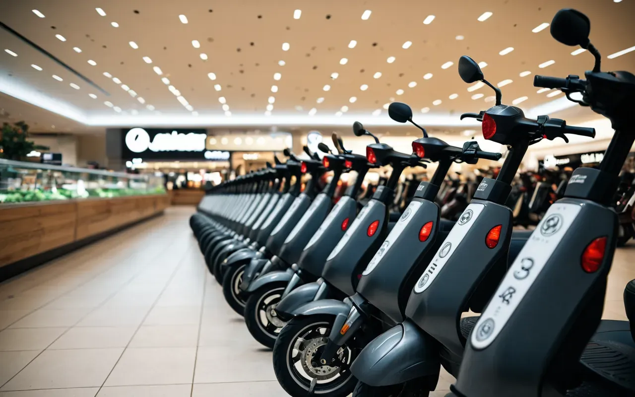 scooter mağaza servisi A wide shot of a modern shopping mall service desk with electric scooters lined up in the background waiting for maintenance under soft artificial lighting.