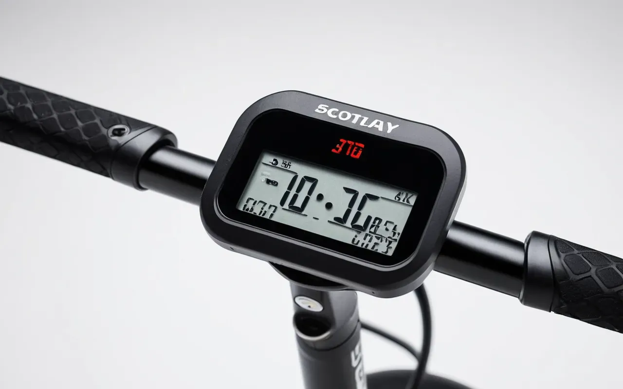 elektrikli scooter detayları Close-up of a modern electric scooter handlebar with digital display and ergonomic grips, clean studio lighting on white background