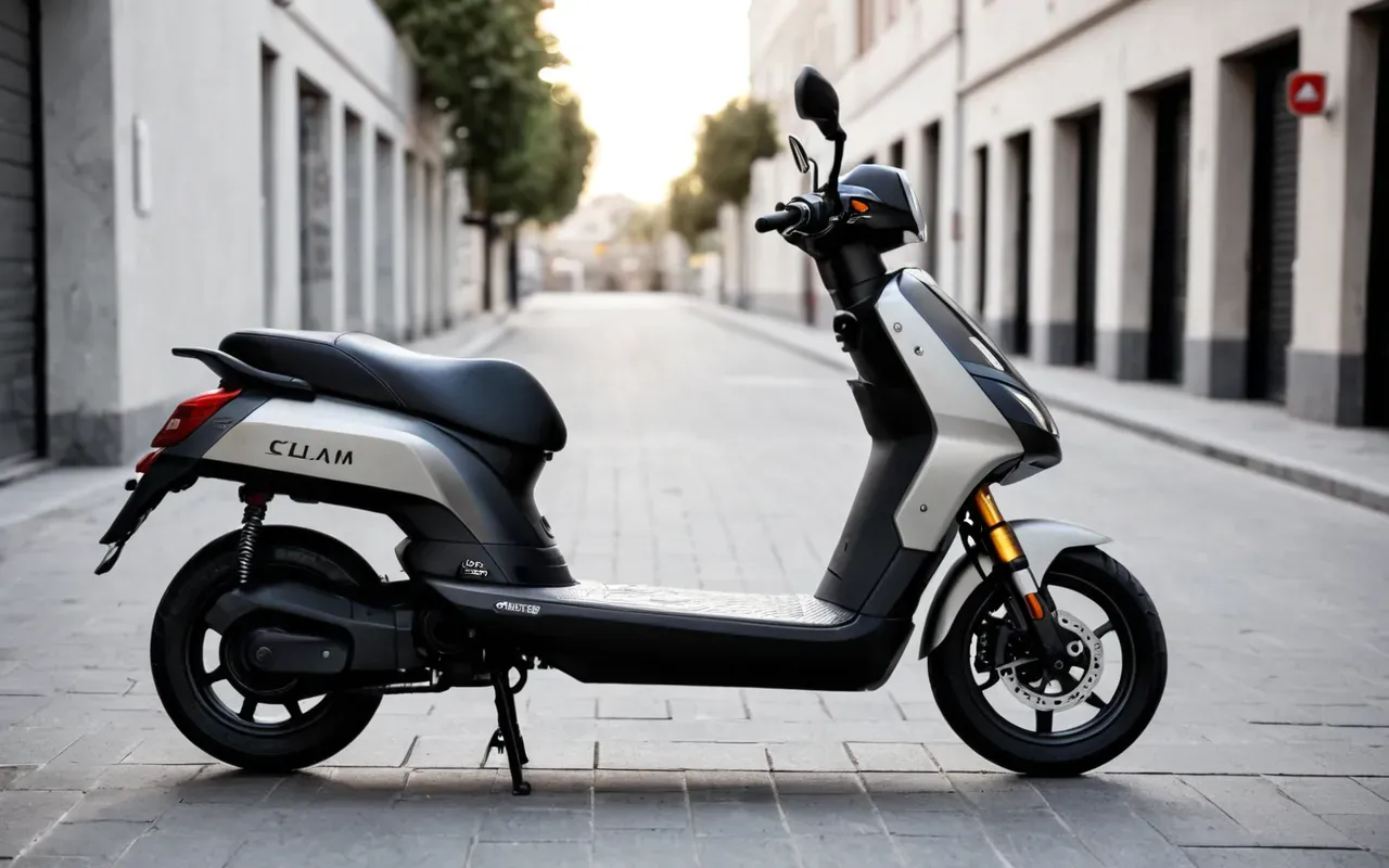 Close-up of a modern electric scooter parked on a clean concrete sidewalk with soft morning light and neutral urban background