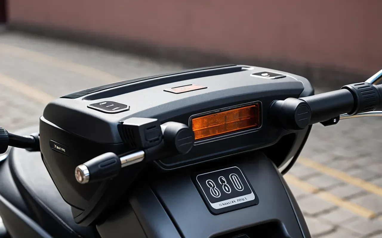 scooter batarya detayı Close-up of an electric scooter battery compartment with charging port and indicator lights on a clean surface
