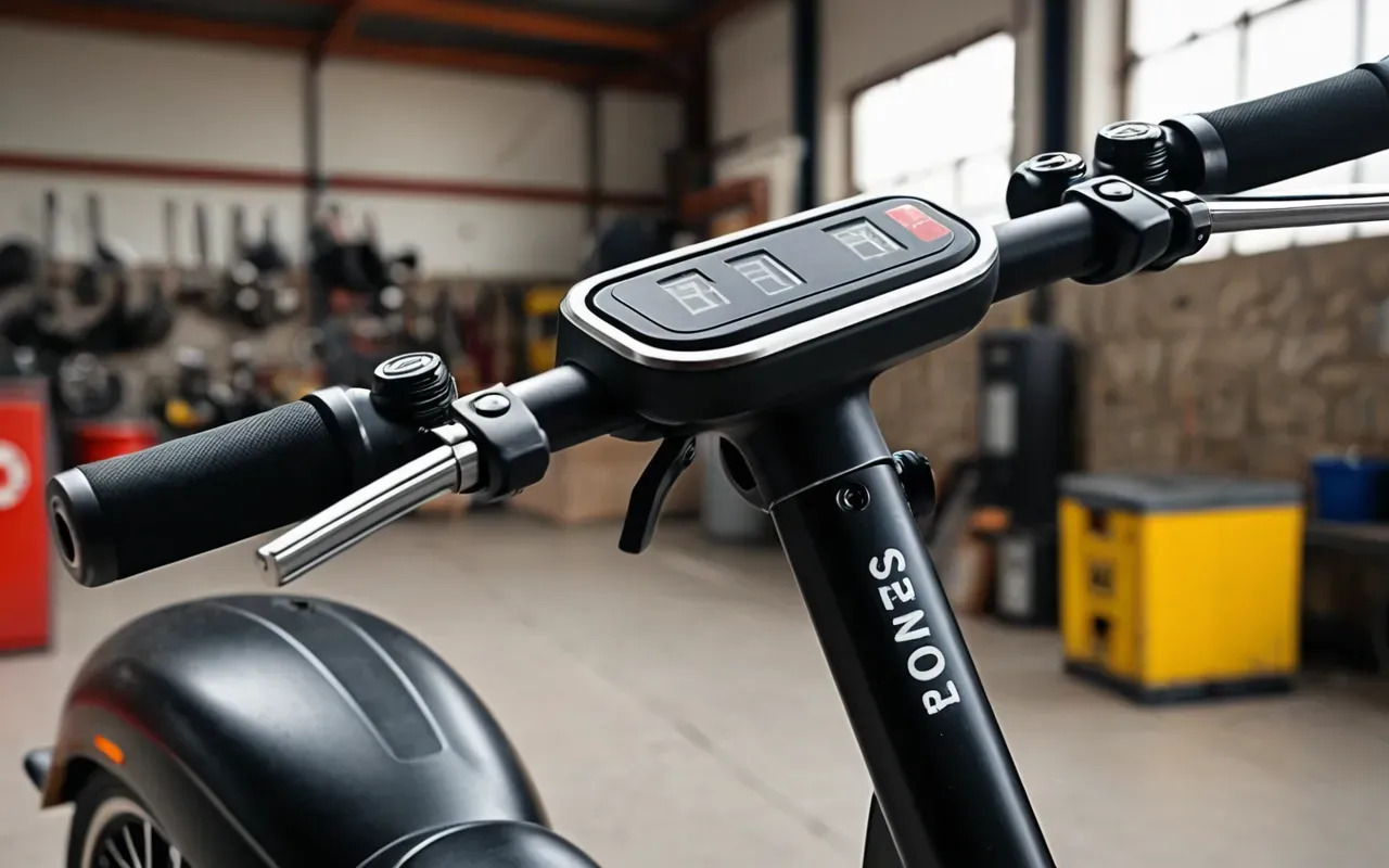 Close up view of an electric scooter handle and brake lever mechanism in a bright workshop setting