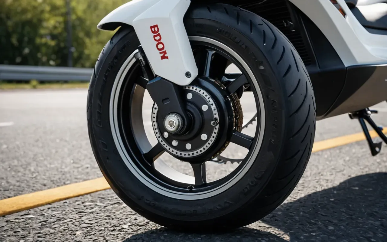 Close up view of the rear wheel and brake mechanism of a modern electric scooter on an asphalt road. Focus on the motor hub and tire tread pattern under bright daylight.