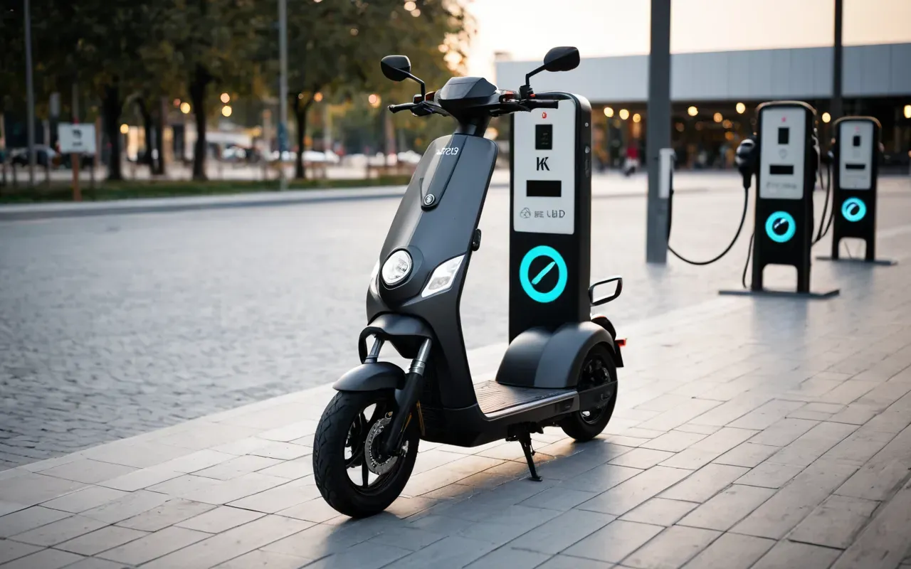 Editorial photo of a modern electric scooter charging station in a minimalist urban plaza with soft evening light and clean lines