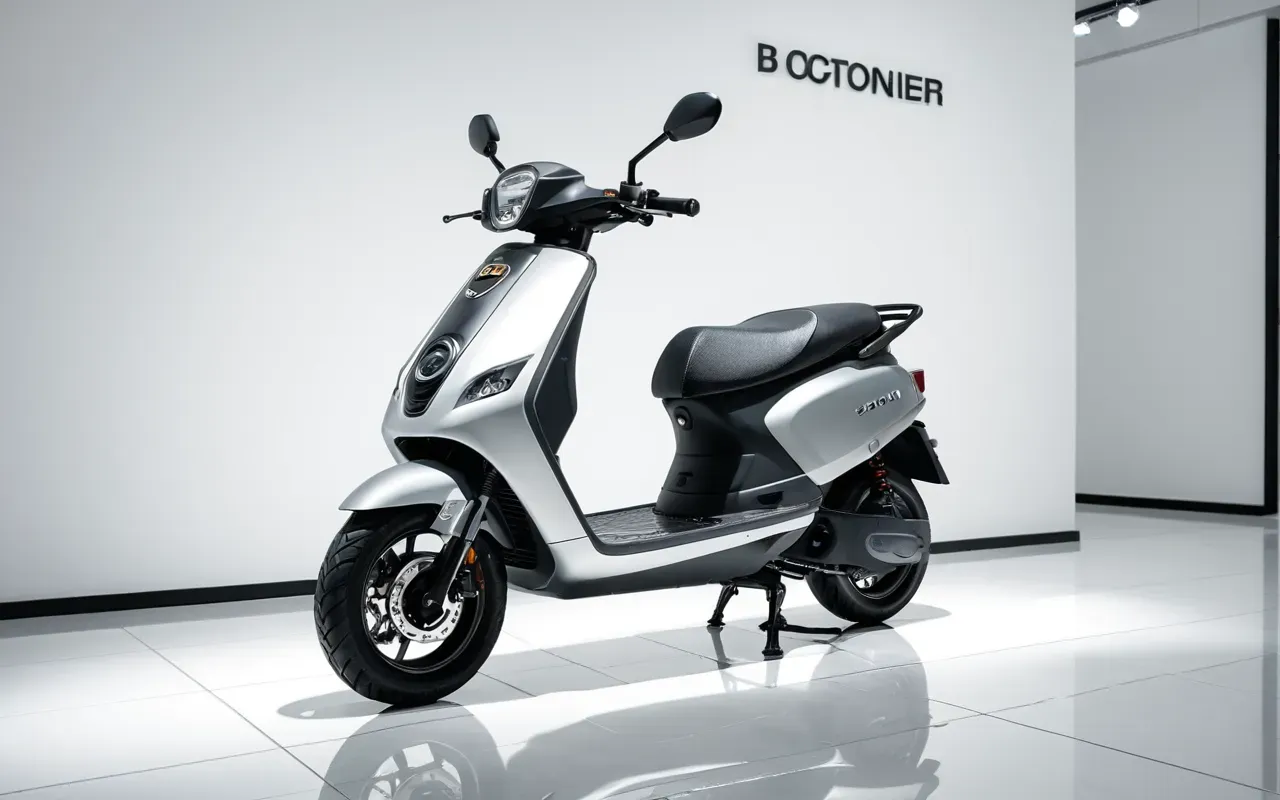Editorial photograph of a modern electric scooter in a bright minimal showroom with reflective floor and clean background under soft studio lighting