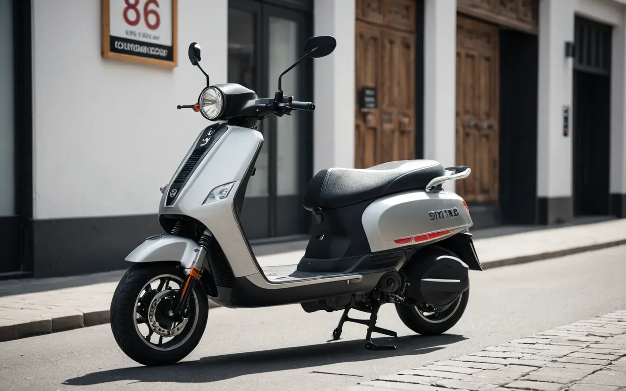 modern scooter tasarımı Editorial photograph of a modern electric scooter parked in a minimalist urban space with clean lines and soft natural light