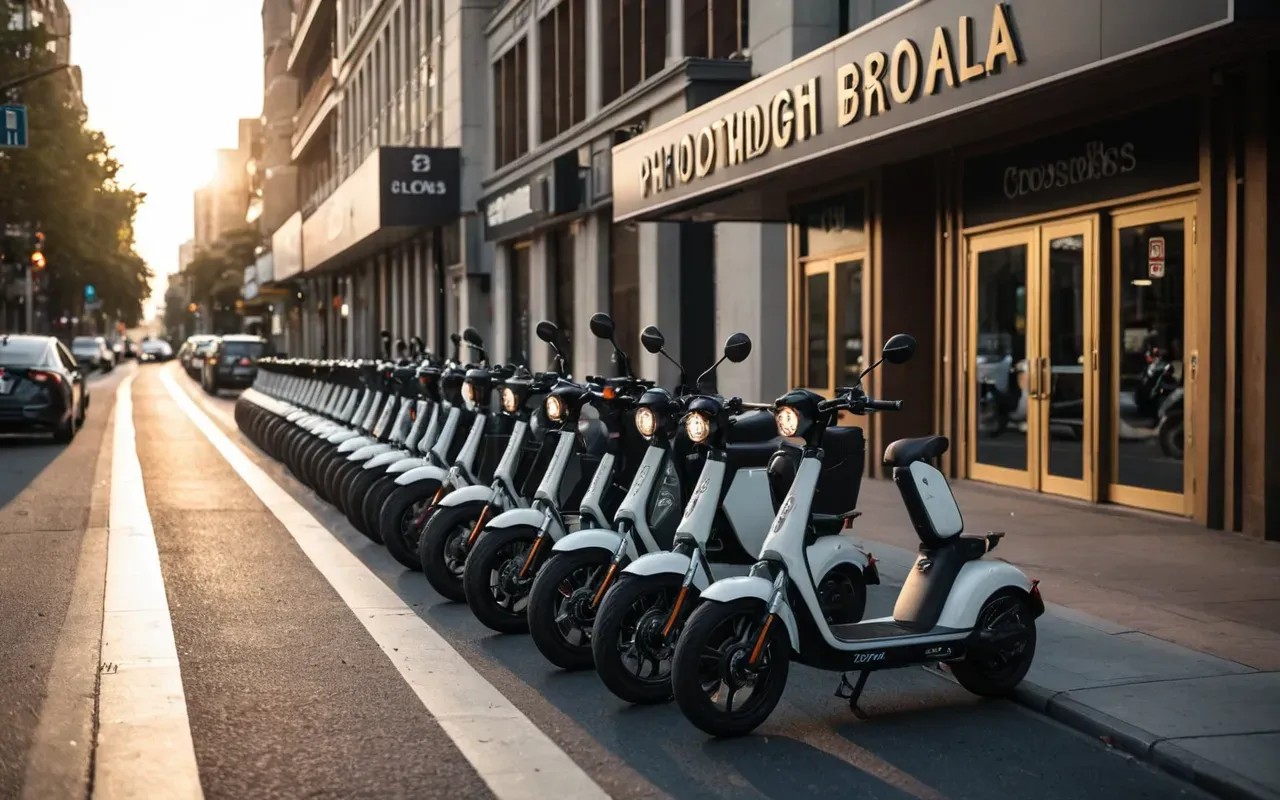 Modern city street with electric scooters parked near a crosswalk during golden hour light