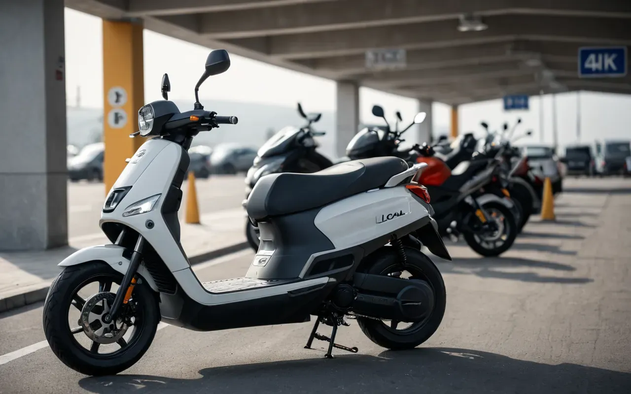 Side view of an electric scooter in a modern parking area with other two wheeled vehicles. The lighting is neutral and the composition focuses on the design lines and wheel size.