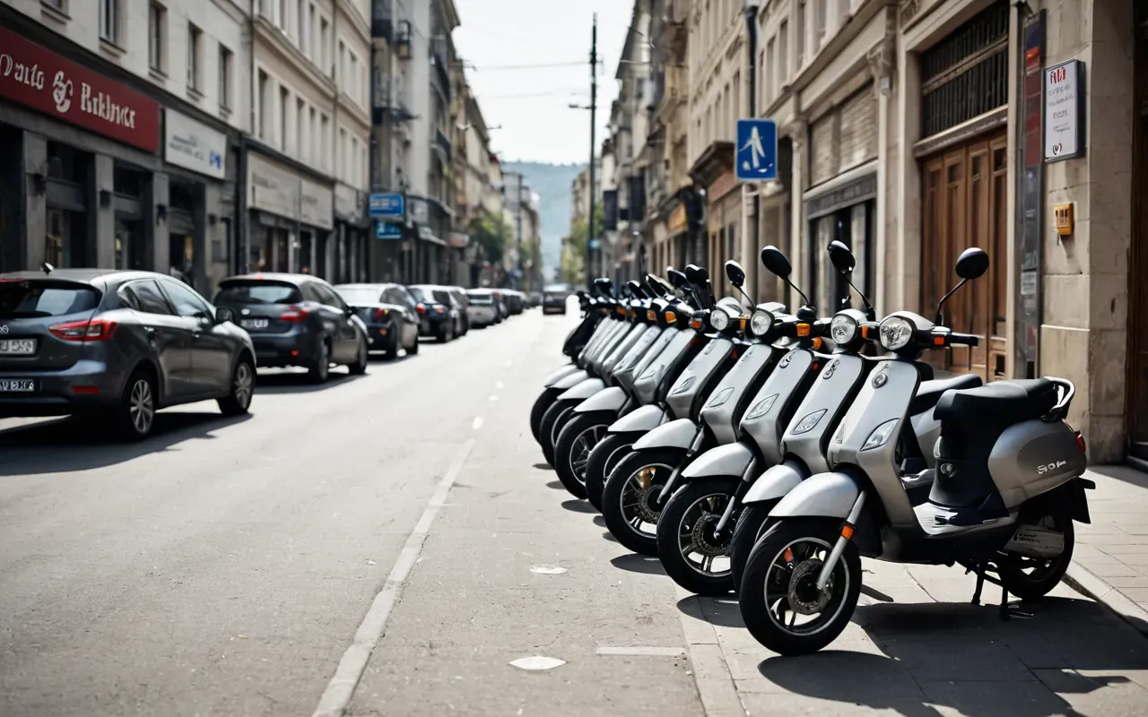 şehir içi scooter kullanımı Wide shot of a modern city street with electric scooters parked on the sidewalk and cars in background, daylight editorial photography