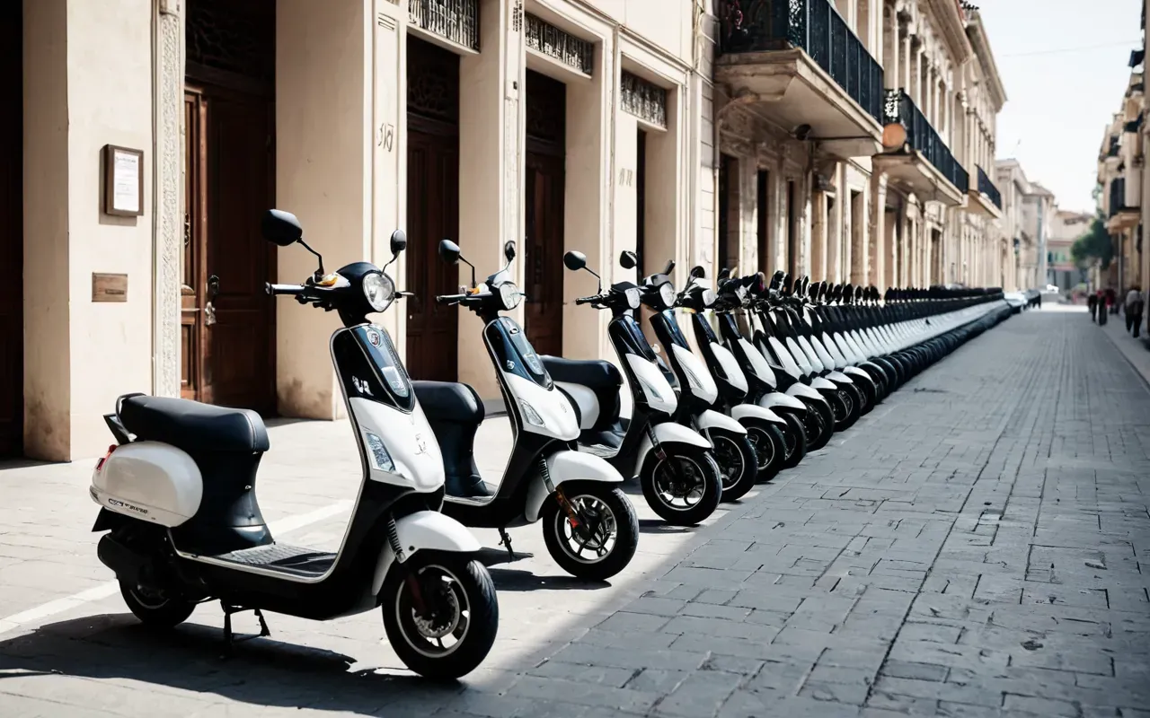 Wide shot of a modern urban street with several electric scooters parked in an organized row under soft daylight and clean architectural backdrop